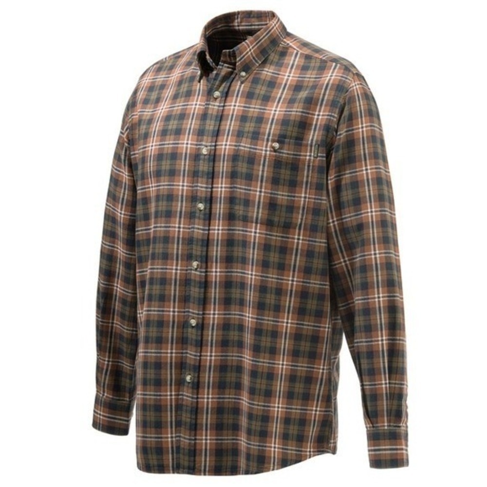 Beretta Mens XXL Brown Navy Plaid Flannel Button Down Shirt Long Sleeve Cotton